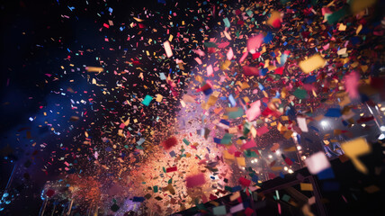 Wall Mural - Confetti Cannons Firing to Mark the New Year. In the style of Dazzling multicolors
