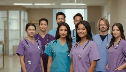 Canvas Print - Nursing student in hospital - young intern dressed in scrubs, standing with team, doctor training