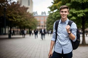 Wall Mural - Portrait of smiling male caucasian student carrying school bags on college campus outdoors, education