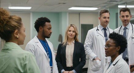 Canvas Print - Discussion among a diverse and multiethnic group of doctors about medical treatment and diagnosis