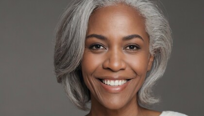 Poster - Gorgeous mature woman with long gray hair and smooth healthy skin smiling happily in beauty and cosmetics skincare advertising concept