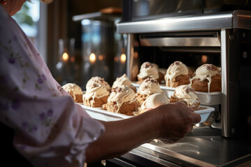 A person confidently using a stand-alone ice cream maker to churn homemade ice cream, indulging in a sweet treat. Generative Ai.