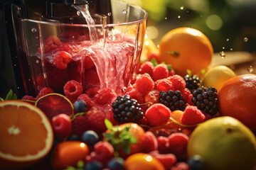 Wall Mural - A close-up of a juicer extracting vibrant juices from a variety of fruits, capturing the essence of freshness and nutrition. Generative Ai.