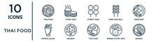Thai Food Outline Icon Set Such As Thin Line Thai Food, Street Food, Fried Rice, Dessert, Mango Sticky Rice, Noodle, Papaya Salad Icons For Report, Presentation, Diagram, Web Design