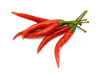  Stack red chili peppers and basil herb leaves  on the white