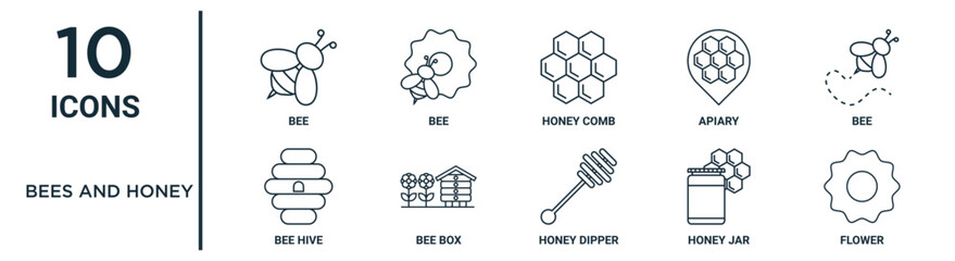 bees and honey outline icon set such as thin line bee, honey comb, bee, bee box, honey jar, flower, hive icons for report, presentation, diagram, web design