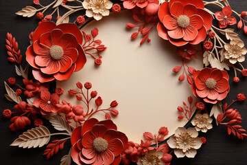 Wall Mural - Red and white floral ornament with copy space