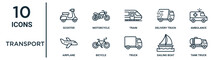 Transport Outline Icon Set Such As Thin Line Scooter, Train, Ambulance, Bicycle, Sailing Boat, Tank Truck, Airplane Icons For Report, Presentation, Diagram, Web Design