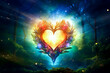 Colorful fantasy tree heart on light beam green love forest field and nature background with grass and night sky.