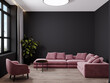 Large master living room hall in dark black colors. Rose pink set of chairs and big sofa couch. Background blank wall blank for wallpaper or paintings. Luxury lounge or reception. 3d rendering