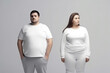 Overweight couple in white home clothes after an argument