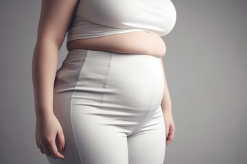 Close-up view of a woman belly in white clothes on grey background, obesity concept