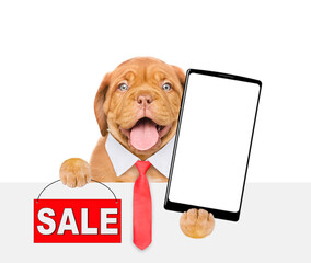 Poster - Smart Mastiff puppy wearing   necktie shows signboard with labeled 