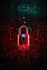 Wall Mural - Cyber security concept. Padlock on circuit board background neon red