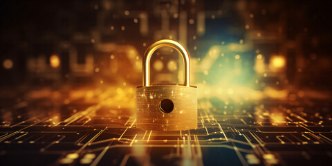 Wall Mural - Cyber security concept. Padlock on circuit board background neon gold