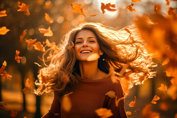 A beautiful girl throwing leaves in the forest, as the autumn season is approaching