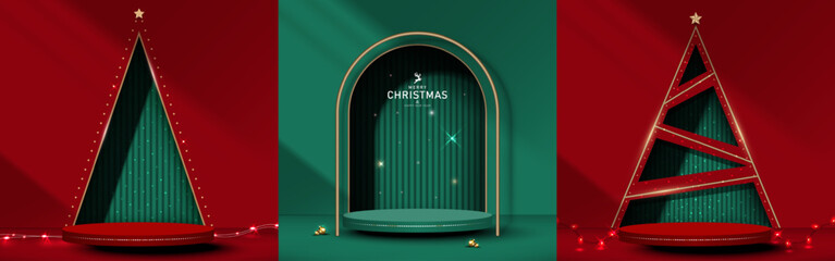 Set of Christmas background abstract scene for product display. Stage pedestal decor with elements festive in room with triangle and arch shape wall background. Vector illustration.