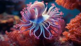 a brilliantly colored and intricate sea anemone with its tentacles waving in the currents, highlighting the beauty and diversity of marine life in coral reefs