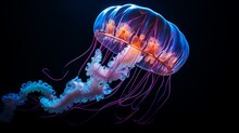 A Bioluminescent Jellyfish In The Depths Of The Ocean, Emitting An Otherworldly Glow In The Darkness