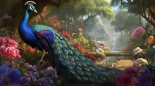 A Proud Peacock Strolling Through A Lush Garden, Its Striking Plumage Unfurled In All Its Glory