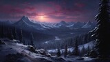 Fototapeta Na ścianę - a serene and snow-covered mountain landscape at twilight, with the first stars beginning to appear in the darkening sky, conveying a sense of quietude and wonder