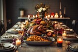 Fototapeta  - Thanksgiving dinner with a turkey and glasses of wine in a cozy dining room at home