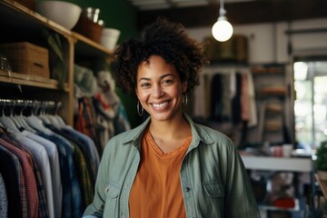 Smiling portrait of a happy female african american second hand clothing store owner