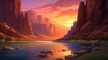 A Serene River Canyon At Sunset, With Sheer Rock Walls Glowing In The Warm Light And The River Reflecting The Colorful Sky