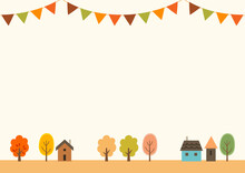 Cute Houses And Autumn Trees With Garland Decoration Landscape Background.