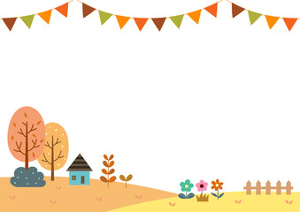 Poster - Cute houses and autumn trees with garland decoration landscape background.