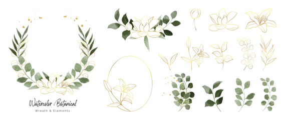 Wall Mural - Luxury botanical gold wedding frame elements collection. Set of circle, glitters, leaf branches, rose flower, eucalyptus. Elegant foliage design for wedding, card, invitation, greeting.