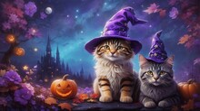 Watercolor Landscape Of Cute Cat In Violet Witch Hat In Enchanted Forest With Halloween Pumpkins