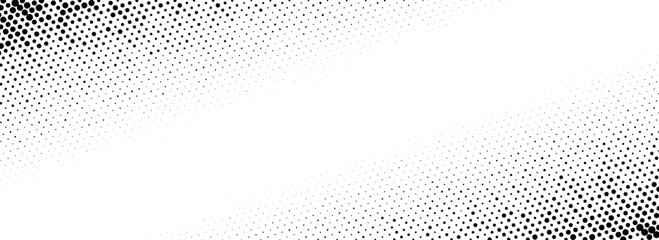 Poster - Corner halftone texture. Dotted gradient pattern background. Abstract faded pop art wallpaper. Vanishing spotted radial design backdrop for banner, poster, flyer, cover. Vector wide illustration