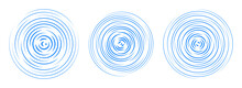 Blue Concentric Circle Segments Set. Rippled Round Patten Background. Water Or Sound Wave Rings Collection. Epicenter, Target, Radar Icon Concept. Radial Signal Or Vibration Elements. Vector