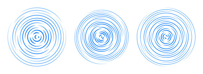 Poster - Blue concentric circle segments set. Rippled round patten background. Water or sound wave rings collection. Epicenter, target, radar icon concept. Radial signal or vibration elements. Vector