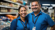 © hakule - Portrait of happy female and male staff in supermarket. created by generative AI technology.