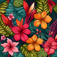 Wall Mural - Tropical summer flower leaves pattern