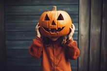 Cute child holding halloween pumpkin head over their face