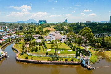 Aerial view of Astana palace in Kuching city, Sarawak, Borneo island, Malaysia