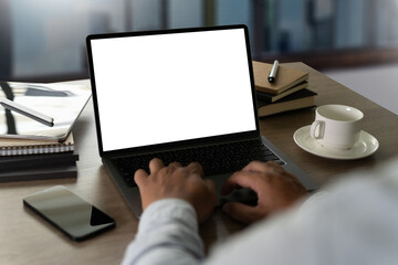Poster - young man working businessman using a desktop computer of the blank screen