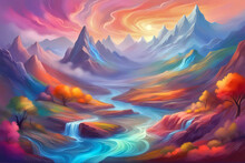 Dreamy Landscape With Tall Mountains, River, Valley And Colorful Trees.