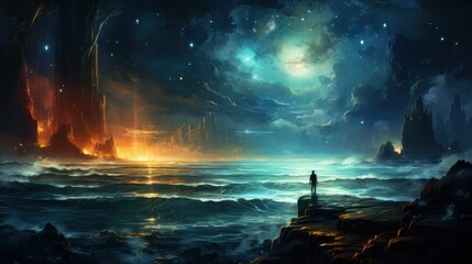 Wall Mural - woman under the starlight by the ocean