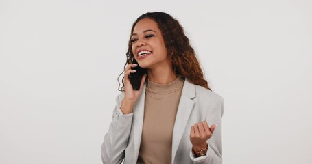 Aufkleber - News, wow and phone call for happy woman in studio with startup, small business or loan success on grey background. Smartphone, winner and female entrepreneur with emoji fist for yes, bonus or promo