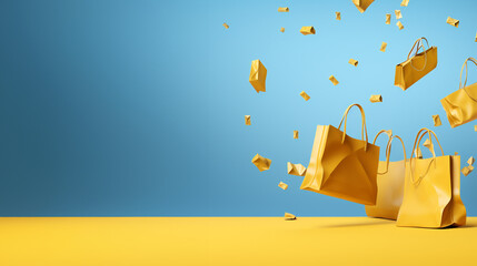 Empty orange color shopping bag on the blue background, copy space text, Design creative concept for autumn sale event.