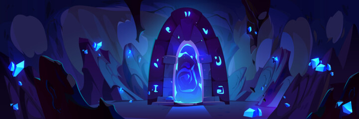 Wall Mural - fantasy portal to another world or game level in dark cave with stone walls and glowing gem crystals