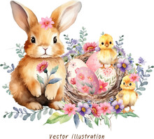 Easter Bunny With Chick And Eggs Watercolor Vector Illustration