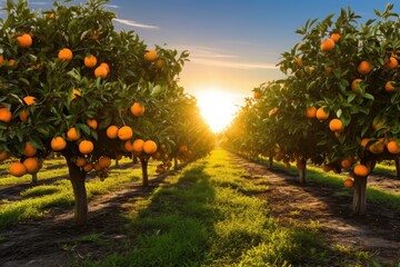 Wall Mural - Generative ai of orange grove and lush orange trees. Thick and dense, stretching to the horizon.