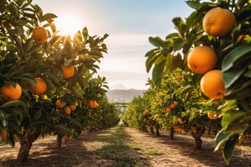 Wall Mural - Generative ai of orange grove and lush orange trees. Thick and dense, stretching to the horizon.