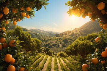 Wall Mural - Generative ai of orange grove and lush orange trees. Thick and dense, stretching to the horizon.