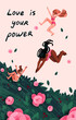 Love yourself, motivation concept. Different women fly, jump on flower meadow. Female acceptance quote. Happy girls rest between roses, peonies. Feminist power. Postcard flat vector illustration